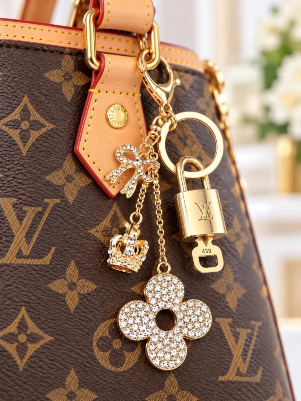 LV Authentic Gold Padlock ๐ Key Set w/ Unbranded Flower Keychain Charm